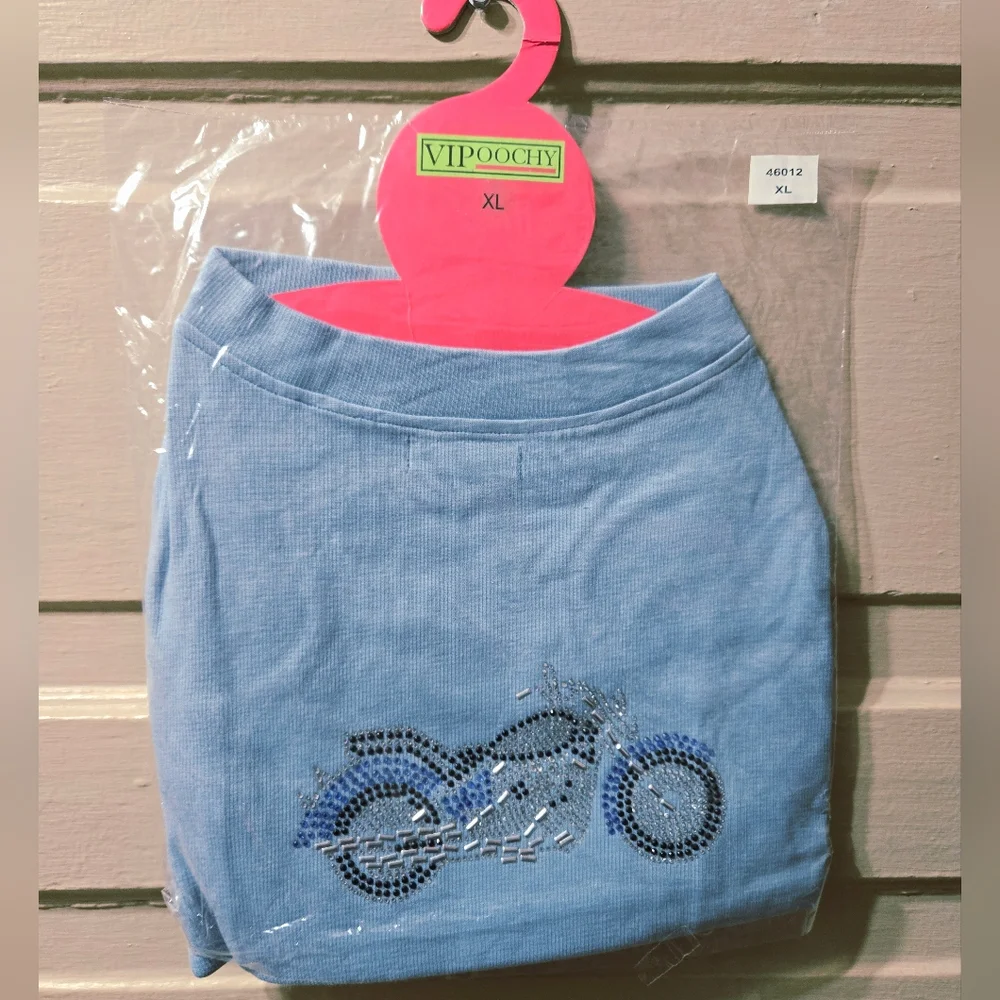 🌴VIPOOCHY Blue Bedazzled Motorcycle Dog Cat Shirt NIP Size: XL